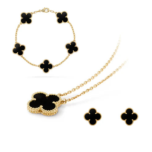 ZENZARO™ |Ensemble chic trèfle noir – Collier, bracelet, boucles