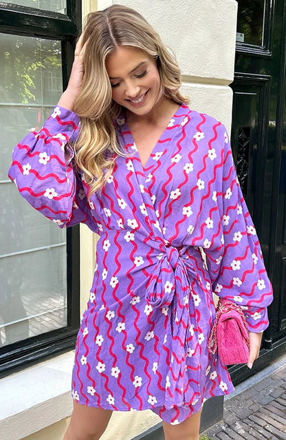 ZENZARO™ | Robe Coton Portefeuille Imprimé Floral Violet