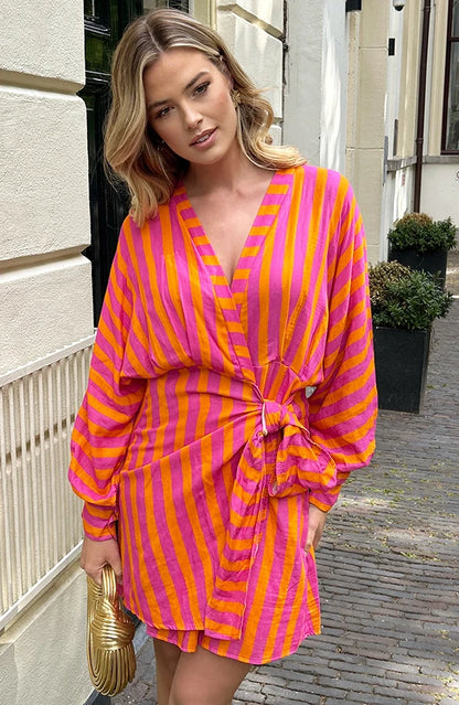 ZENZARO™ | Robe Coton Orange à Rayures