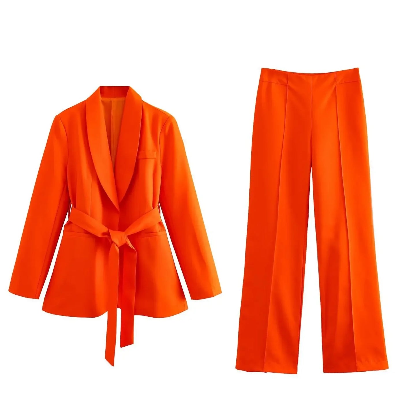 ZENZARO™ | Ensemble Tendance Femme Orange – Blazer Fluide & Pantalon Structuré
