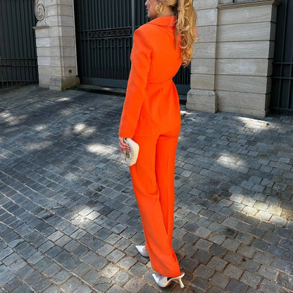ZENZARO™ | Ensemble Tendance Femme Orange – Blazer Fluide & Pantalon Structuré